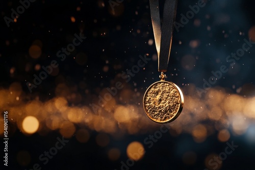 Gold Medal Hangs Suspended in Sparkling Light During a Competitive Sporting E...