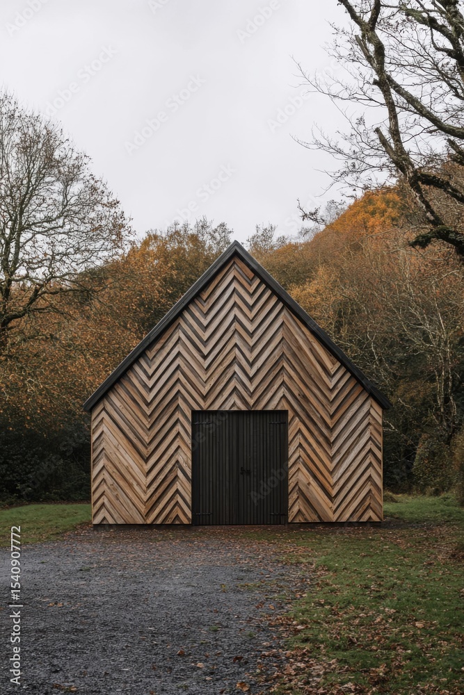 Fototapeta premium Wooden structure with chevron-patterned facade located in a natural setting surrounded by trees and autumn foliage at a tranquil outdoor location