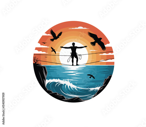 Slackliner Silhouette Vector | Rope Balancing Between Trees | Highline Sport T-shirt Design