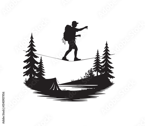 Slackliner Silhouette Vector | Rope Balancing Between Trees | Highline Sport T-shirt Design