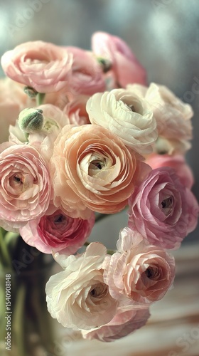 Beautiful Ranunculus Flowers Arranged in a Soft Pastel Bouquet on a Sunny Day.