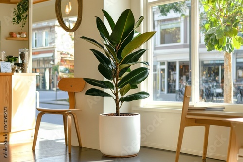 Relaxing Indoor Space Featuring a Leafy Plant Near Wooden Furniture and a Bri...
