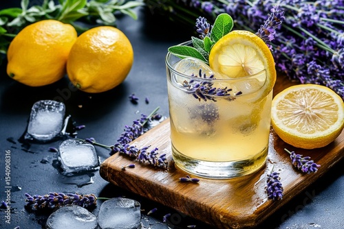 Refreshing Lavender Lemonade With Ice and Lemon Garnishes at a Chic Summer Se...