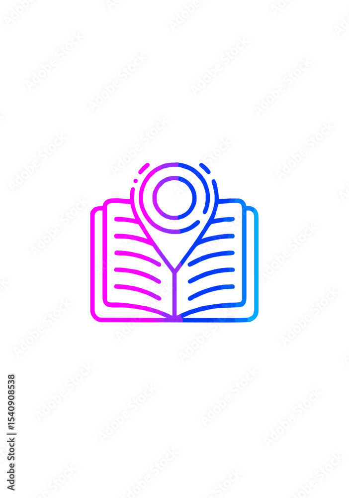 Naklejka premium Colorful Gradient Icon of a Map Pin Over Open Book Representing Educational Navigation, Location-Based Learning, and Academic Exploration Tools