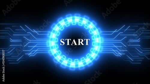 Start text font with neon light. Start Glowing neon text animation on technology background.