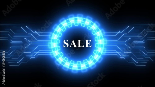 Sale text font with neon light. Sale Glowing neon text animation on technology background.