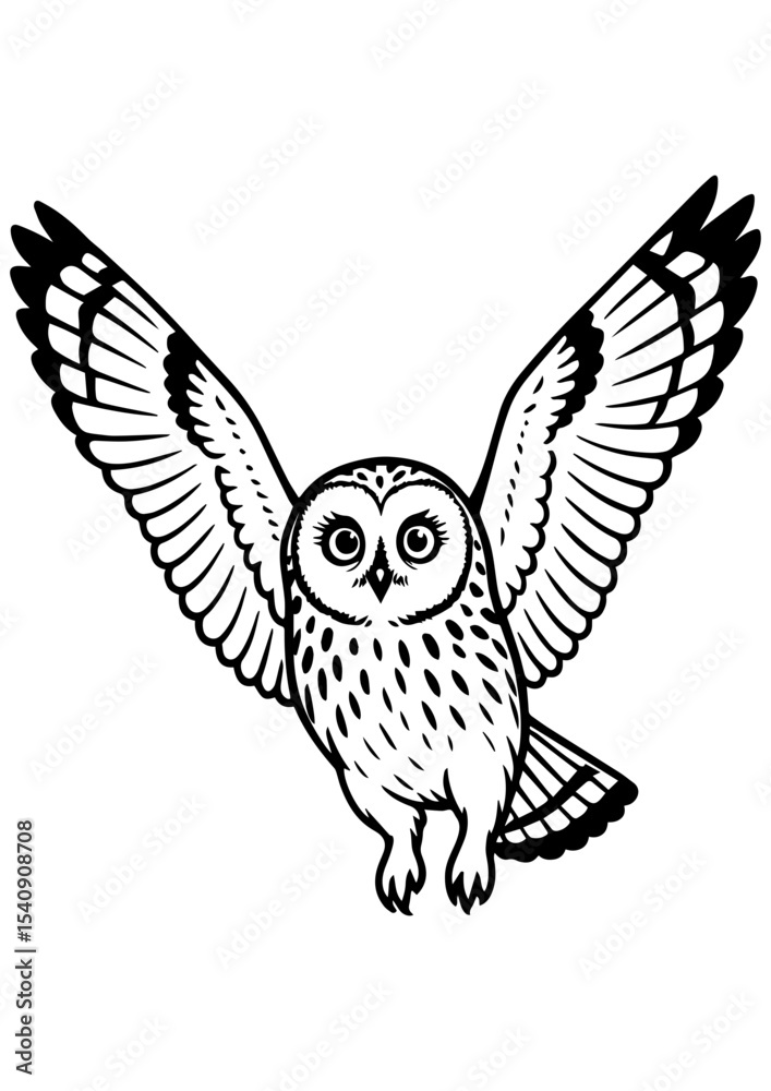 Obraz premium Black and white flying owl vector on white background. Ideal for engraving, prints, logos, coloring books, and creative bird-themed designs