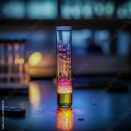 A glowing test tube with colorful chemical reactions in a lab Focus on the test tube