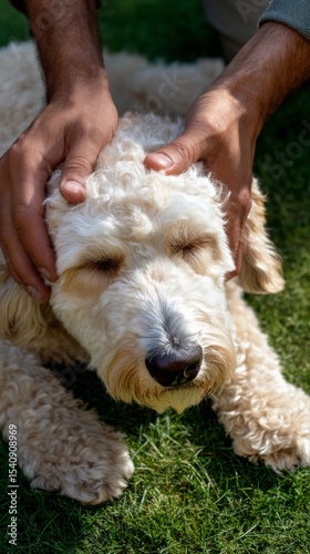 Dog Enjoys Gentle Grooming in a Sunny Green Yard
