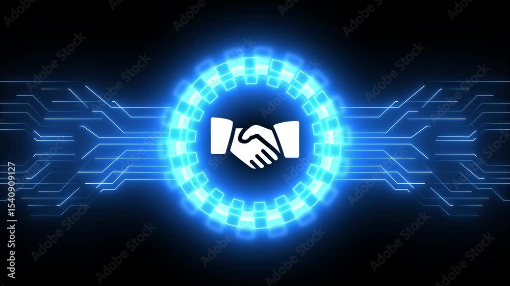 Handshake icon symbolizes cooperation agreement set glowing neon video dark background.