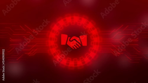 Handshake icon symbolizes cooperation agreement set glowing neon video dark background.