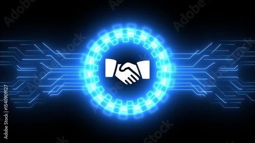 Handshake icon symbolizes cooperation agreement set glowing neon video dark background.