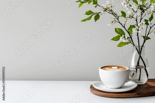 Warm Latte Art and Fresh Blossoms on a Minimalist Table Setting in a Cozy Cafe