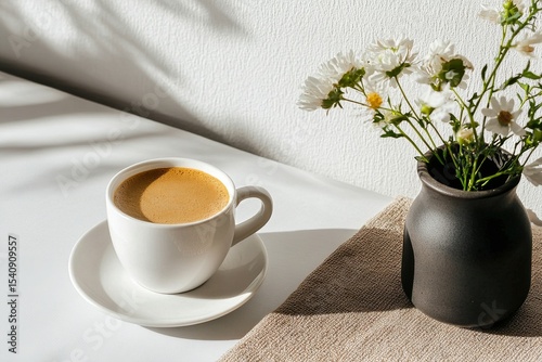 Coffee Cup With Cherry Blossom Vase on a Minimalist Table in Soft Light.