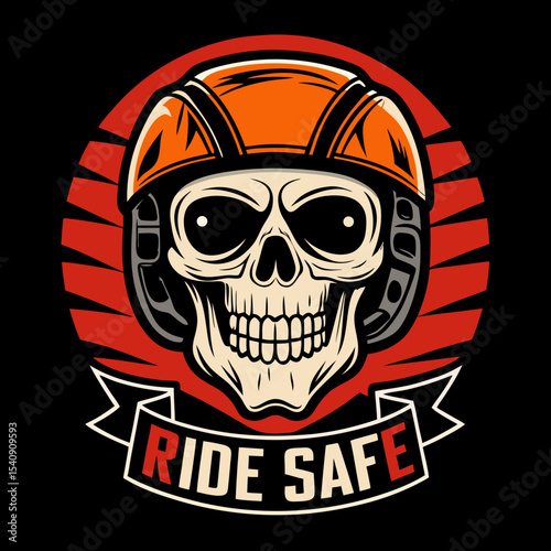 A high-quality vector illustration of a biker skull wearing a helmet and goggles, designed as a vintage t-shirt graphic. Features “Ride Safe” banner. Ideal for apparel, stickers, or poster art