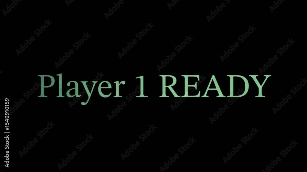 Animated “Player 1 READY” text glows in green/teal over a black background, cycling through flicker, glitch, and fade animations. Retro game-inspired design evokes CRT screen aesthetics.