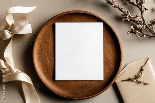 Elegant Flat Lay Featuring a Blank Card on a Wooden Plate With Decorative Ele...