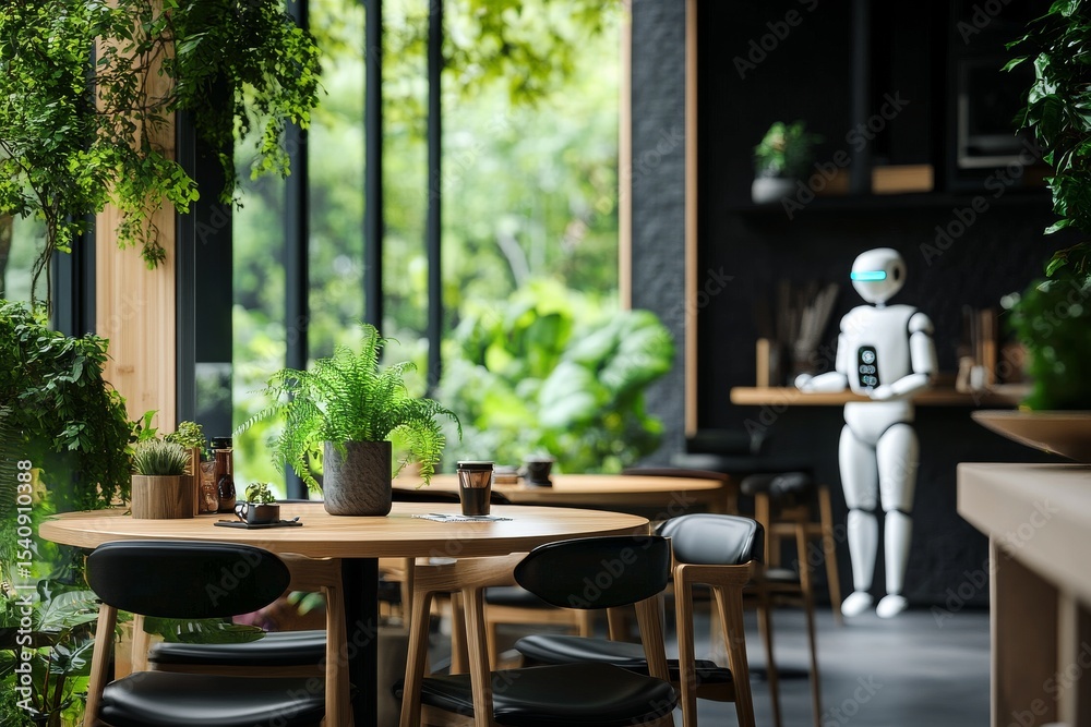 Fototapeta premium Dining Experience in a Modern Restaurant With Robotic Waiter Interacting in Natural Setting.