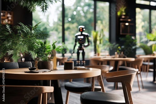 Dining Experience in a Modern Restaurant With Robotic Waiter Interacting in N...
