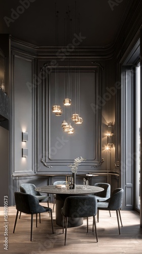 Elegant Modern Dining Area With Stylish Lighting and Minimalistic Decor in a ...