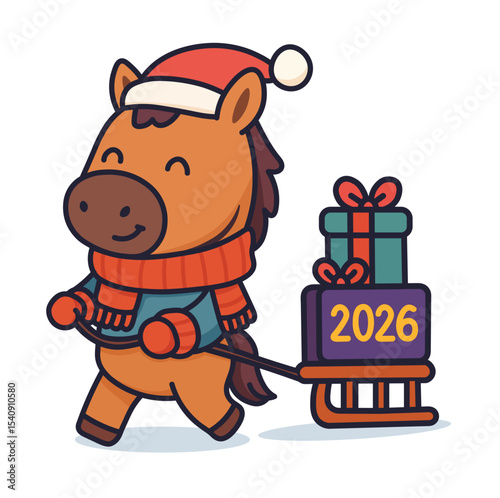 Cute cartoon horse in Santa hat with gifts sled - 2026 Year of the Horse symbol, flat vector illustration. Perfect for New Year cards, merchandise and holiday marketing