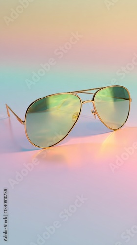 Stylish Golden Aviator Sunglasses With Reflective Lenses on a Pastel Background