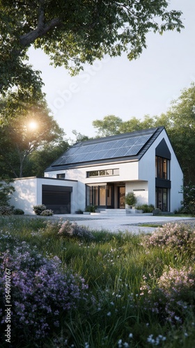 Modern White House Surrounded by Blooming Flowers in a Sunny Garden During Sp...