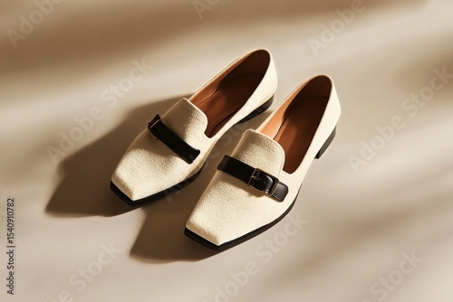 Elegant White Loafers With Black Accents Displayed on a Soft Surface in a Wel...
