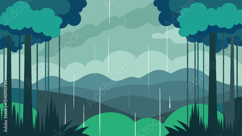 Minimalist illustration of a rainy forest scene in serene teal and green tones