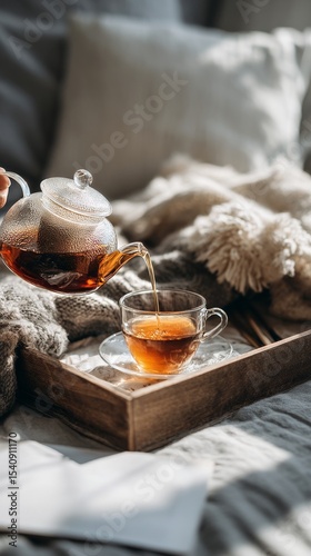Pouring Hot Tea Into a Glass Cup on a Cozy Bed With Blankets and Soft Pillows...