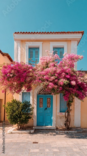 Vibrant Bougainvillea Adorns Charming House in Sunny Location During Daytime