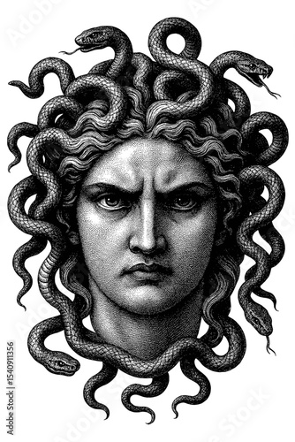 Medusa head with snake hair and intense gaze, greek mythology engraving illustration isolated on transparent background, png
