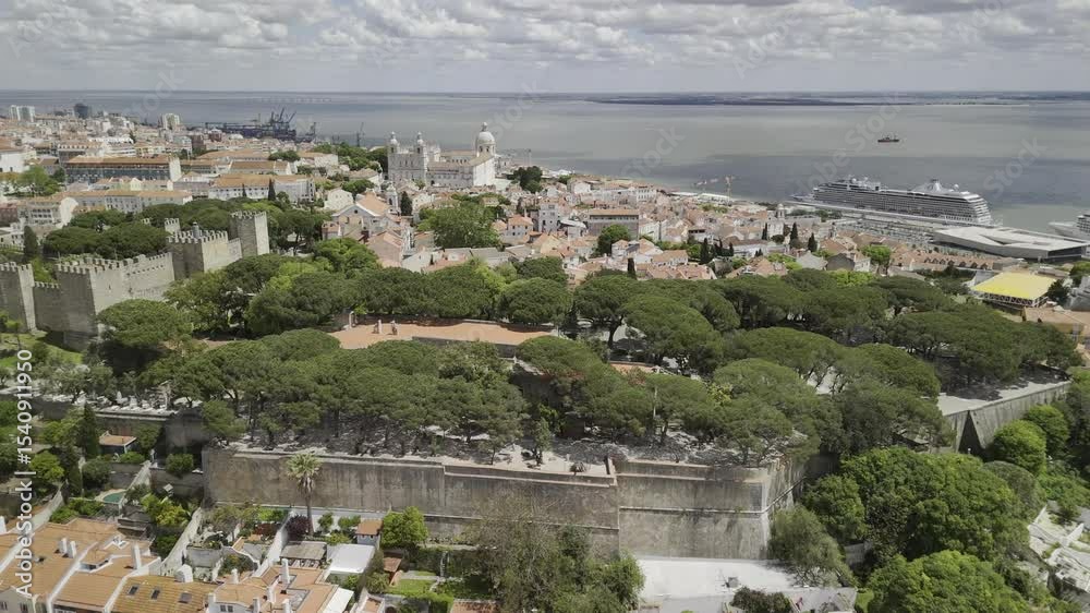 Drone orbits to the right around the southern wall of Castelo de São Jorge in Lisbon, Portugal