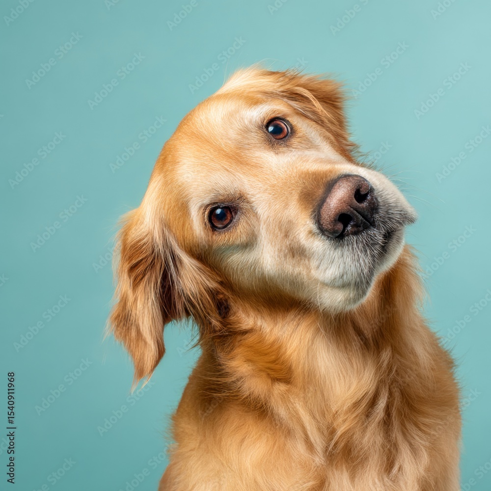 Fototapeta premium a golden retriever dog tilting its head sideways with an inquisitive expression isolated on pastel background studio lighting pet emotions concept