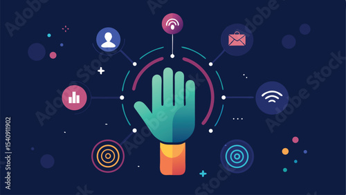 Modern touchscreen gesture interface background design with glowing symbols and hand shape