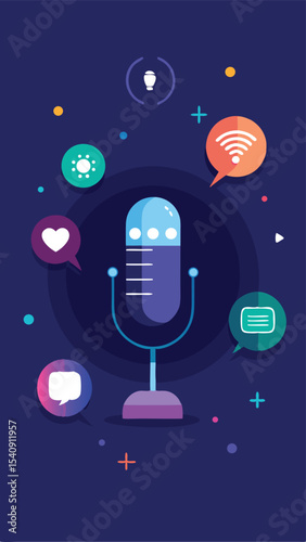 Modern vector illustration depicting virtual assistant background and voice command interface