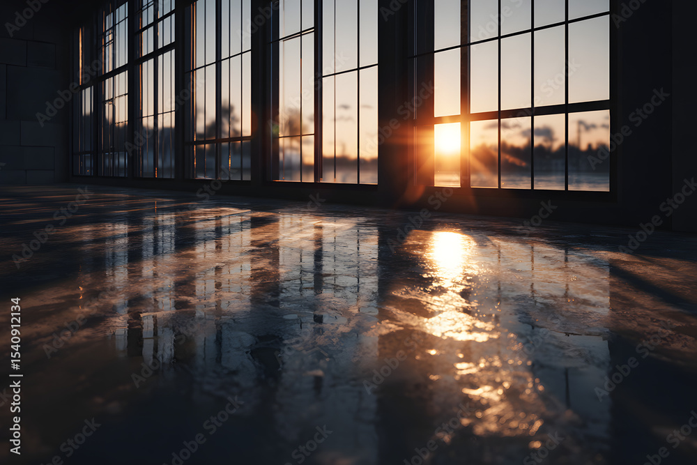 Fototapeta premium Warm sunset glow through large windows, illuminating a clean floor. Perfect for product placement or background image.