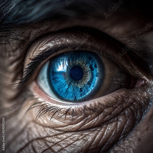 Close-up of an elderly man's eye with striking blue iris and detailed wrinkles around the eyelid. The image highlights the texture of aged skin.