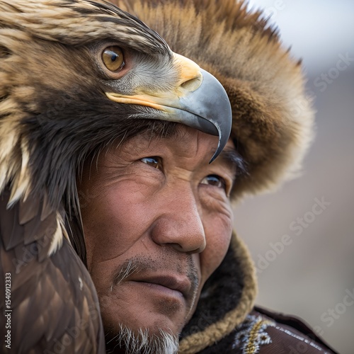 A middle-aged Asian man with long black hair and a fur hat holds a golden eagle close to his face. The scene captures traditional hunting culture.