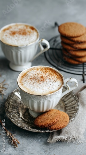 Delicious Spiced Drinks Served With Gingerbread Cookies on a Rustic Table.