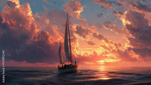 A sailing ship glides across a tranquil sea under massive, colorful sunset clouds, in a dreamy, painterly style evoking peace and awe