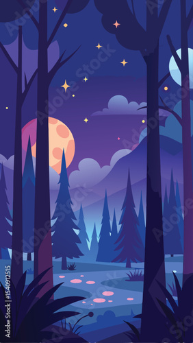 Nighttime forest landscape with moon and stars illustration available as a transparent vector