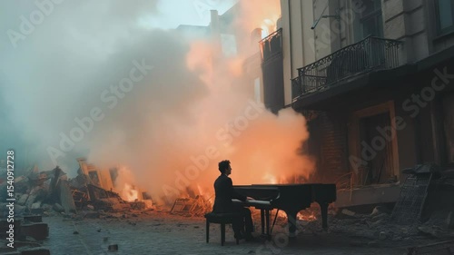 A man in a suit plays a grand piano in front of a burning building, surrounded by rubble and smoke, illustrating resilience in chaos