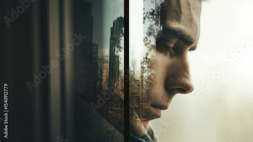 Close-up of a pensive man staring out a rainy window with cityscape reflections, cinematic style, symbolizing introspection and urban solitude
