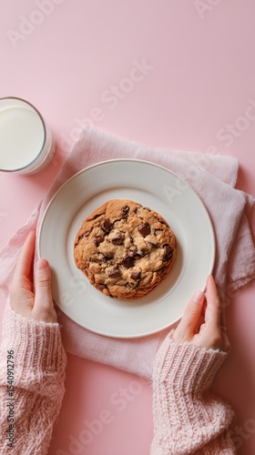 Enjoying a Warm Chocolate Chip Cookie With Milk on a Pink Tablecloth During A...