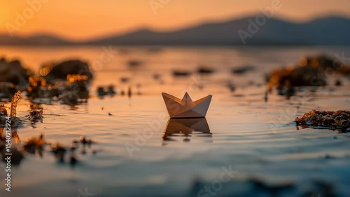 Small paper boat floating in rippling shallow water, surrounded by seaweed, with sunset sky and mountains in background, symbolizing solitude