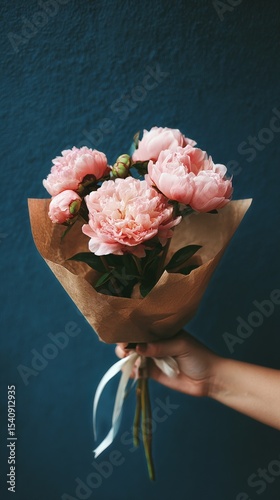 Beautiful Bouquet of Pink Peonies Wrapped in Paper Held Against a Dark Blue B...