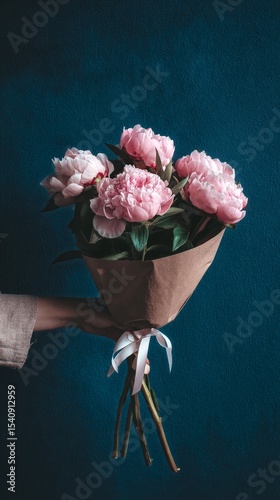 Beautiful Bouquet of Pink Peonies Wrapped in Paper Held Against a Dark Blue B...