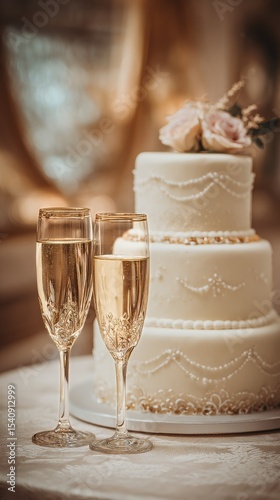 Elegant Wedding Cake and Champagne Flutes Set for Celebration at a Lavish Ven...