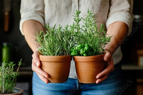 Gardener Holding Pots of Fresh Herbs Including Rosemary and Basil in a Cozy C...